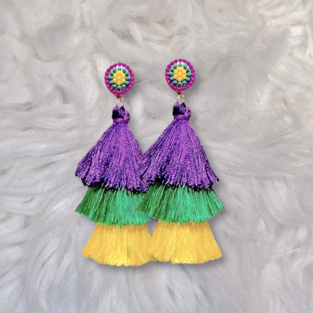 Mardi Gras Tassel Earrings With Beaded Studs